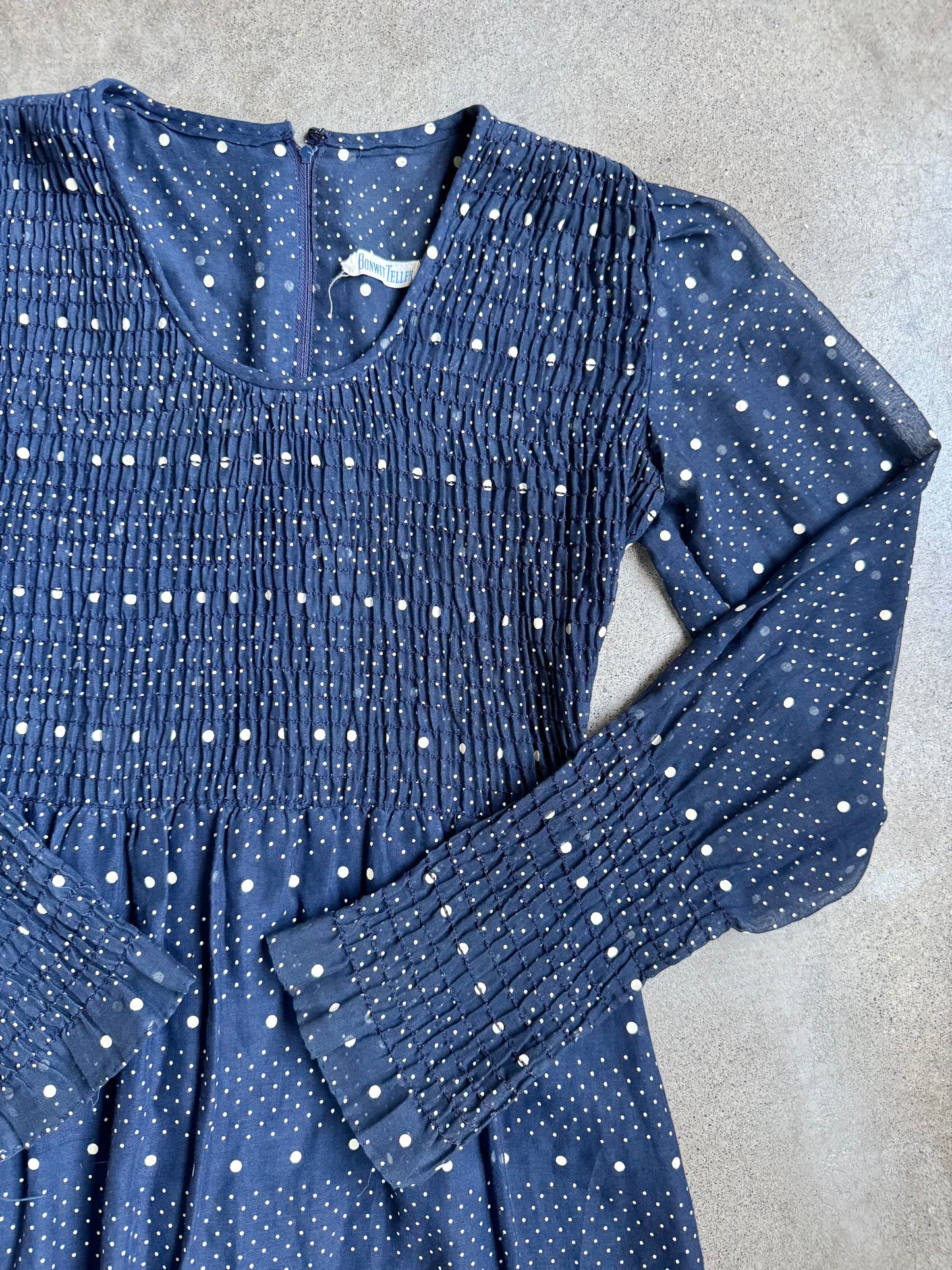 Vintage 1960s Bonwit Teller Navy Polka Dot Smocked Long Sleeve Maxi Dress | S/M