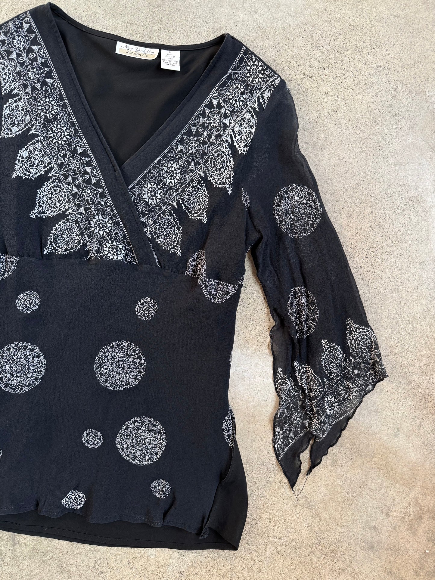 Vintage 1990s New York City Design Co. 100% Silk Black Patterned Blouse | Medium