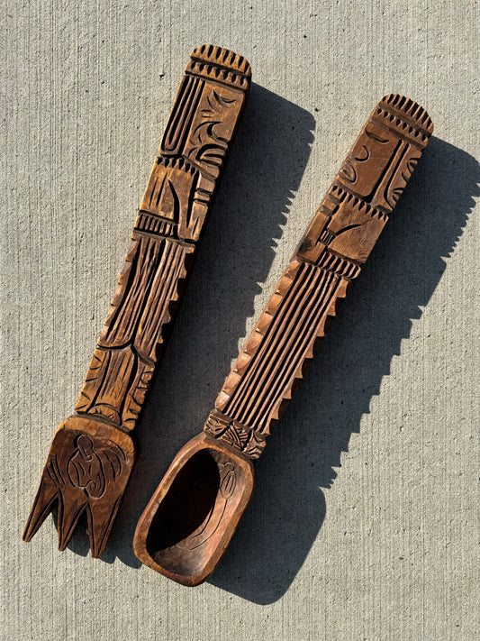 Vintage Wood Carved Fork & Spoon Decor