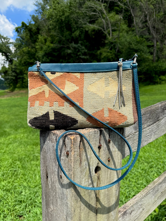 Vintage 1970s Turquoise Leather Tapestry Crossbody Bag