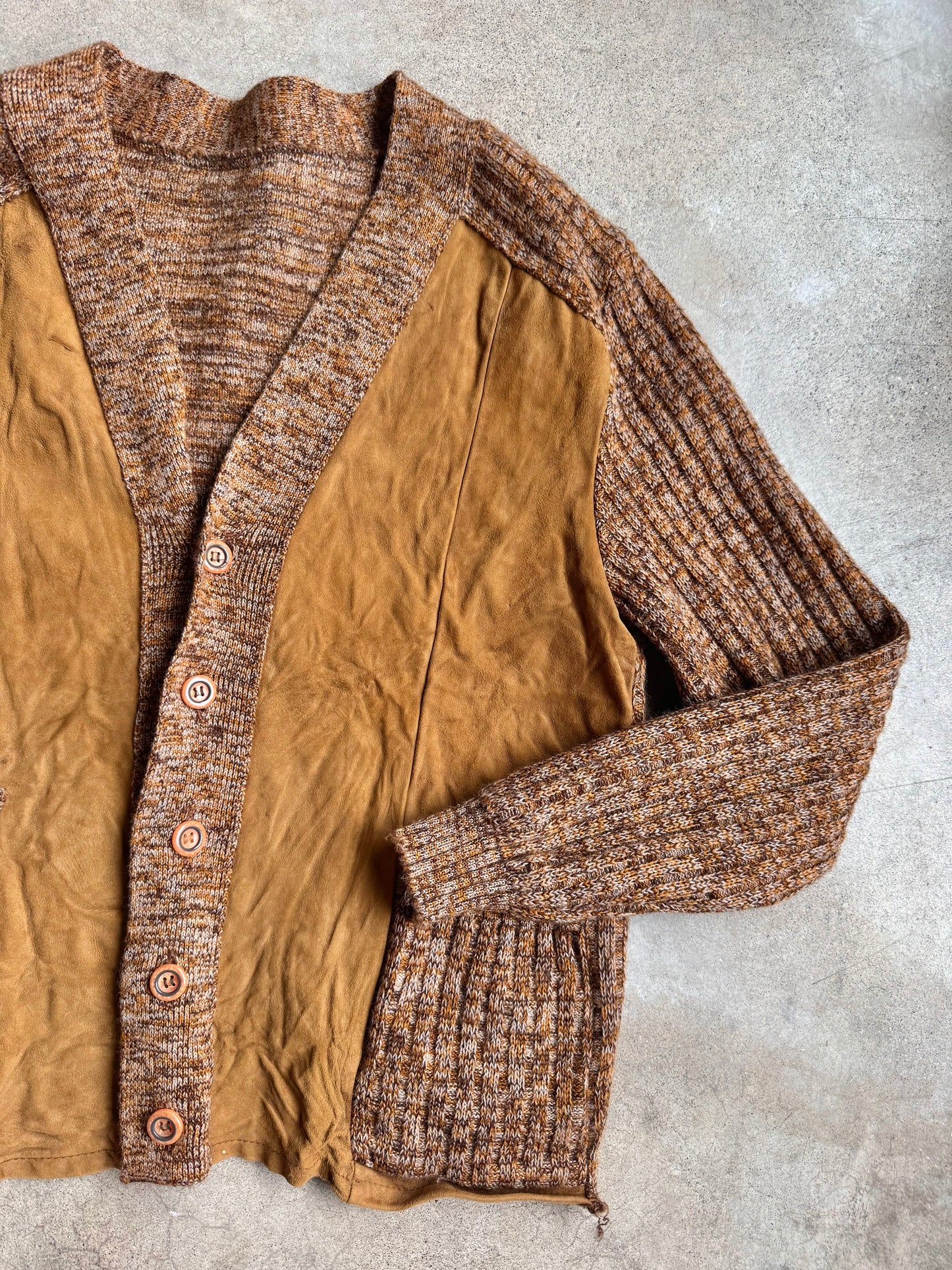 Vintage 1960s Brown Marled Wool & Suede Leather Cardigan | Medium