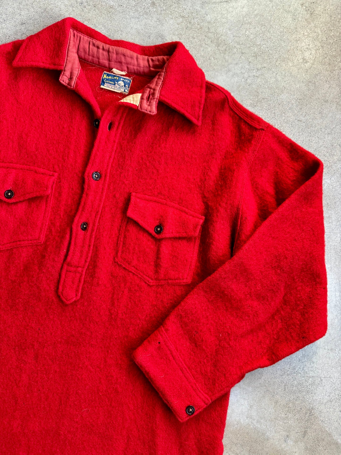 Vintage 1950s Norlite Red Wool Patched Pullover Shirt Jacket | L/XL