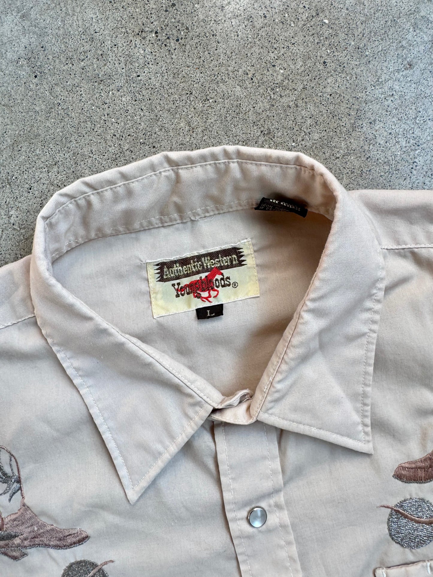 Vintage 1970s Youngbloods Western Boot Embroidered Pearl Snap Shirt | Large
