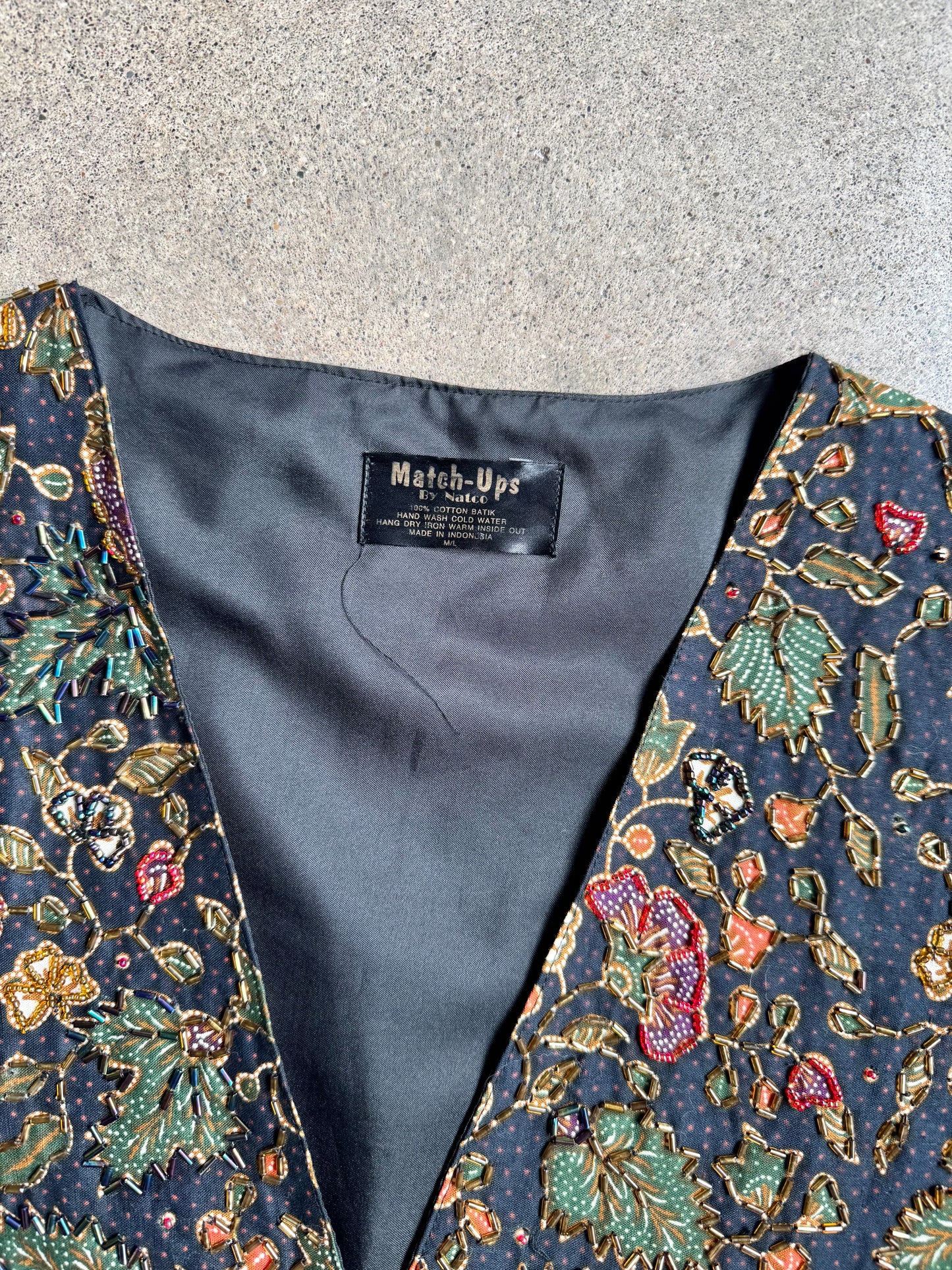 Vintage 1980s Match-Up's Floral Beaded Cotton Batik Vest | M/L