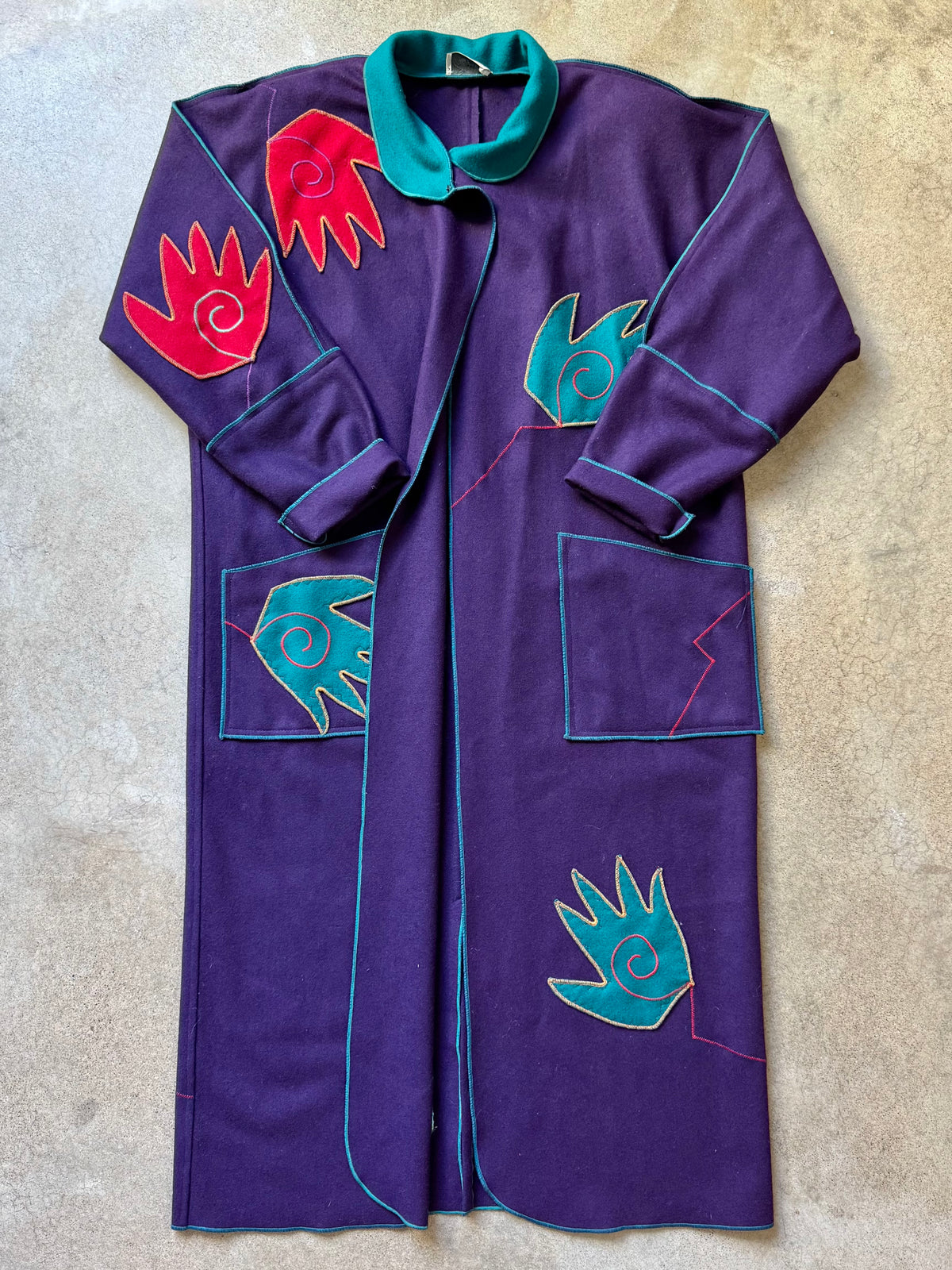 Vintage 1980s Gloria Walsh Purple Felted Wool Whimsical Hand Patch Embroidered Overcoat | L/XL