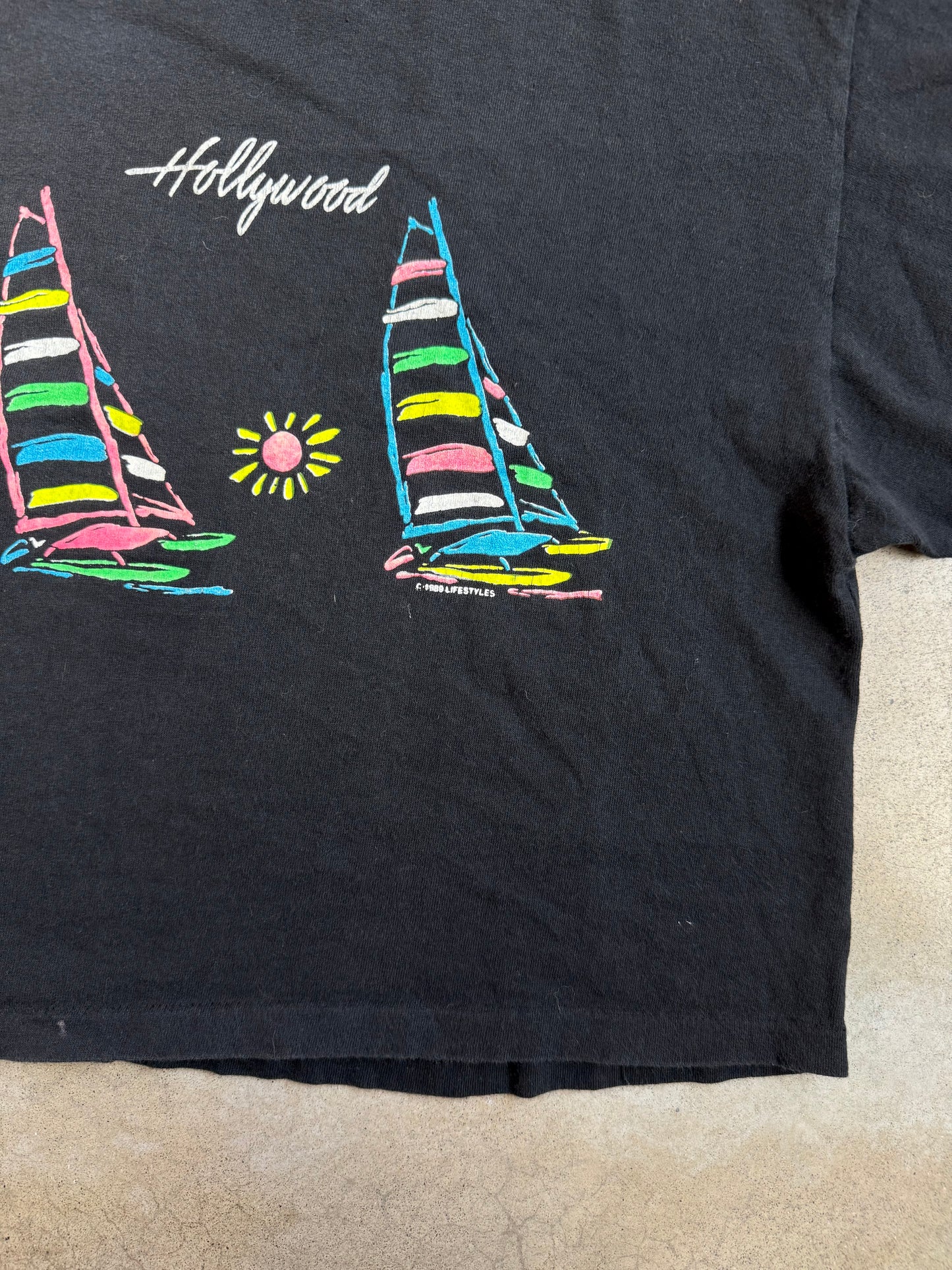 Vintage 1980s Lifestyles Hollywood Sailboat Cropped Graphic Tee | One Size