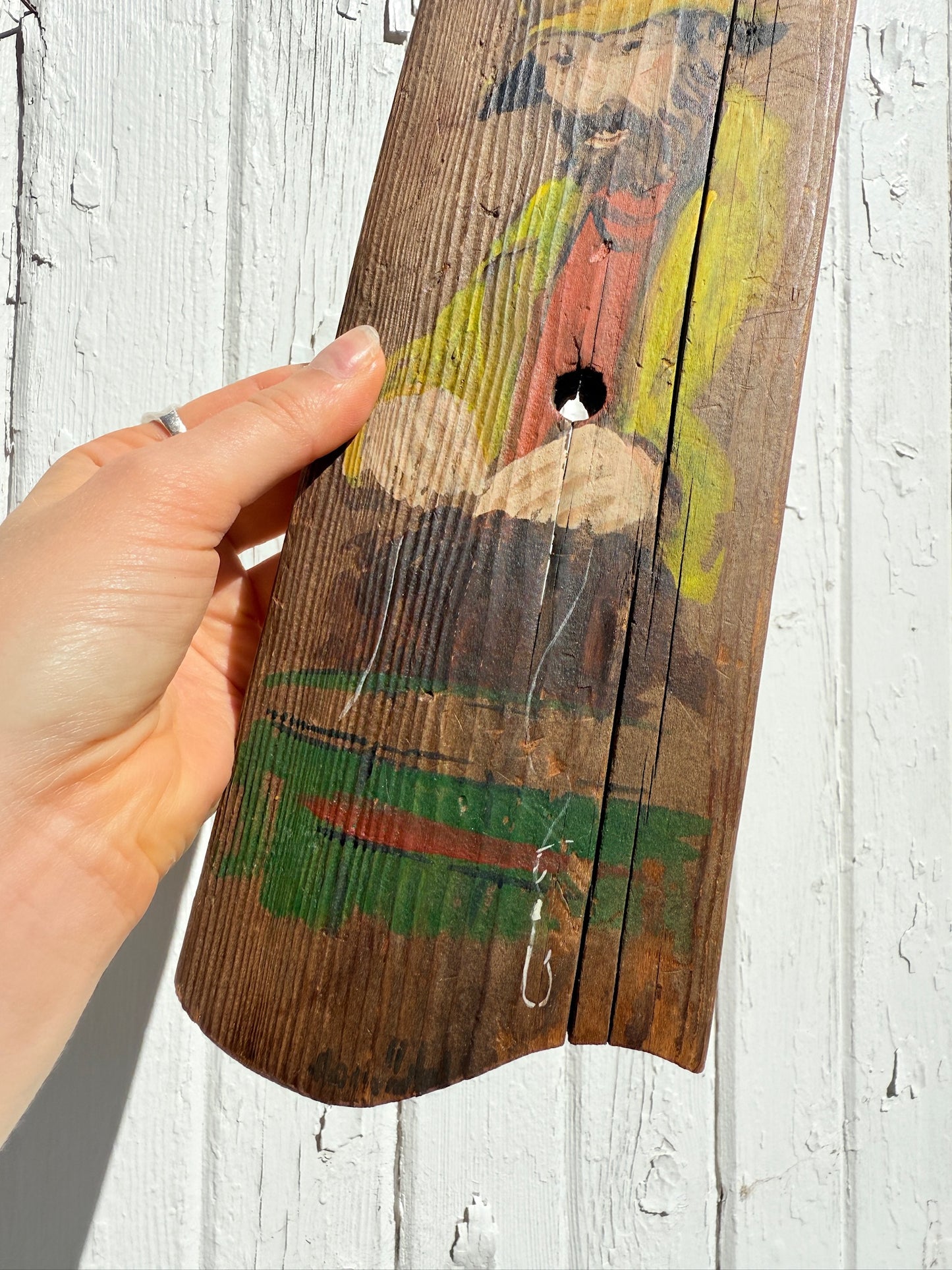 Vintage 1960s Down East Novelties Wood Slab "Fisherman" Oil Painting