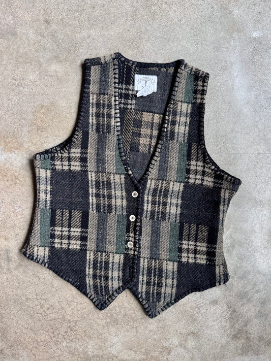 Vintage 1990s Solutions Patchwork Plaid Wool-Blend Vest | Medium