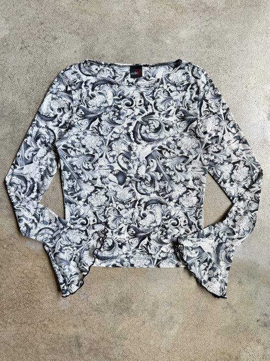 Vintage 1990s Studio Y Grey Baroque Print Ruffle Sleeve Mesh Top | Small