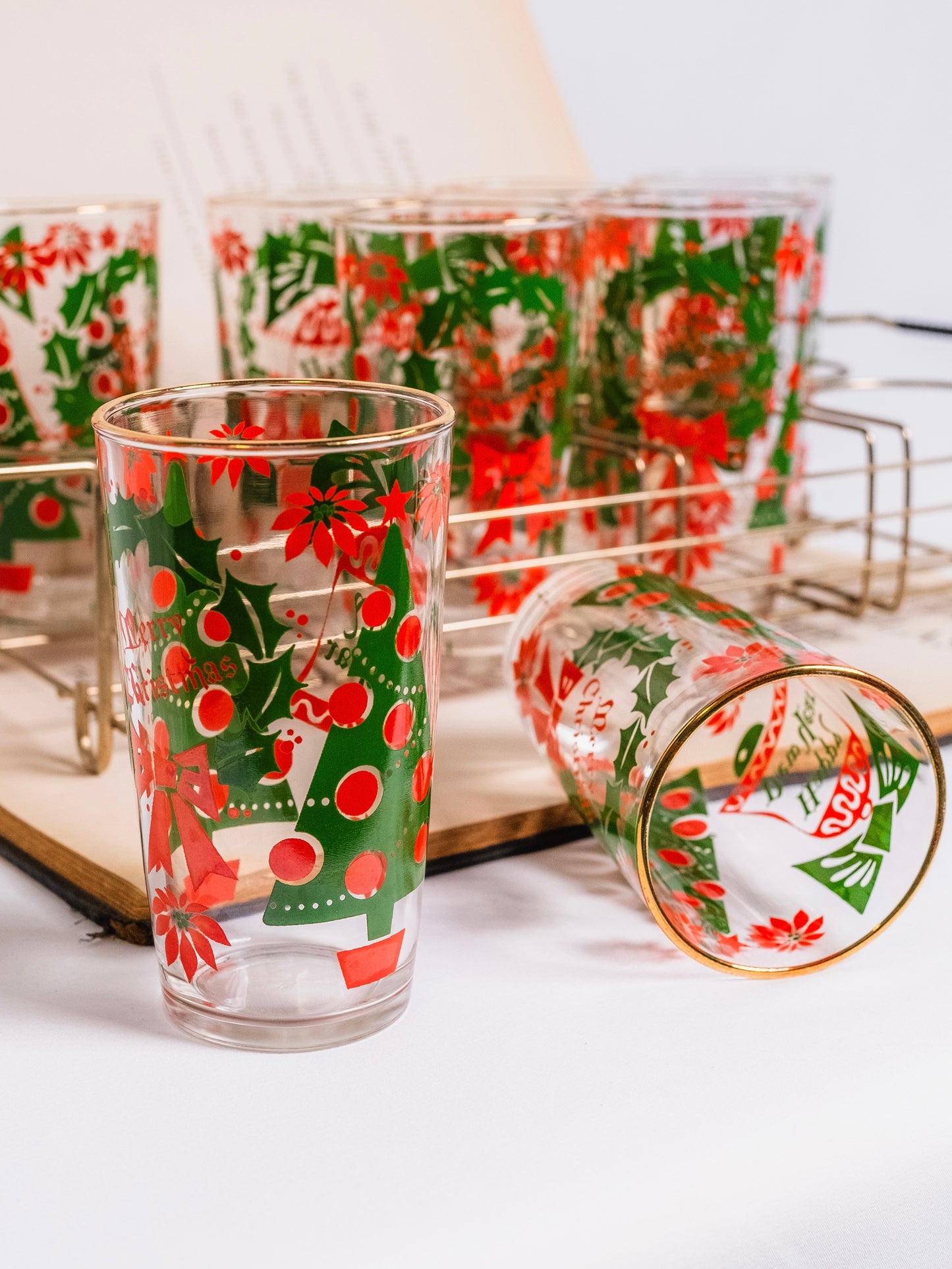 Vintage 1950s Hazel-Atlas Holiday Glass Tumblers & Metal Caddy | Set of 8