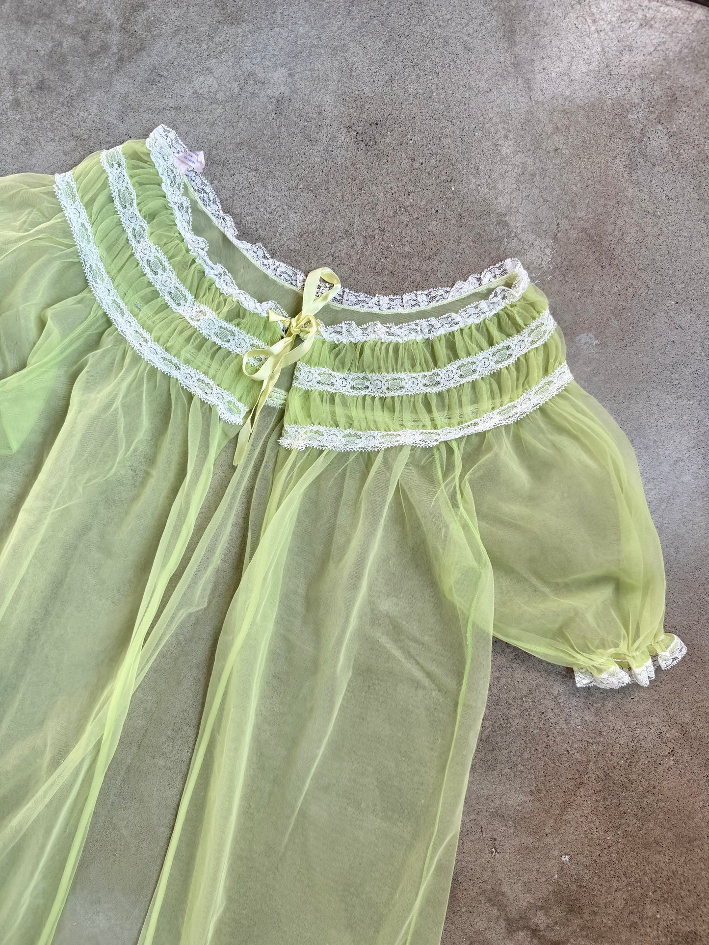 Vintage 1960s Green & White Lace Sheer Nylon House Coat | Medium