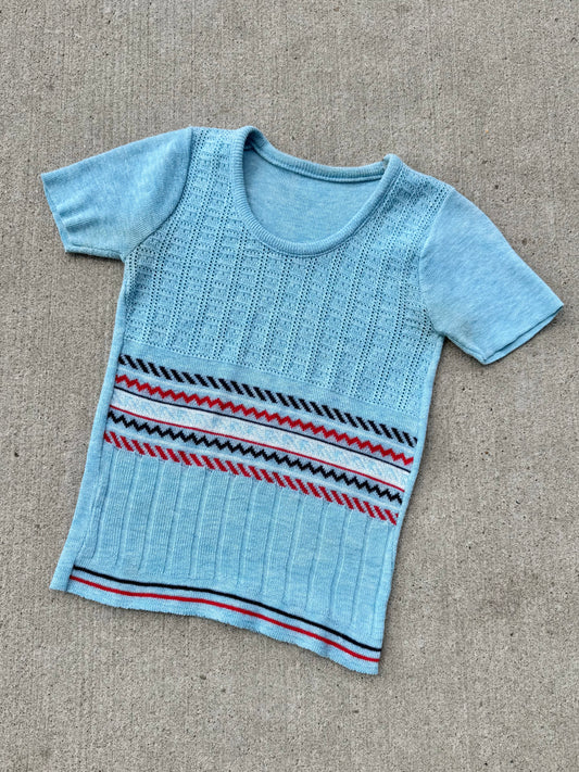 Vintage 1970s Blue Patterned Short Sleeve Knit Top | XS/S