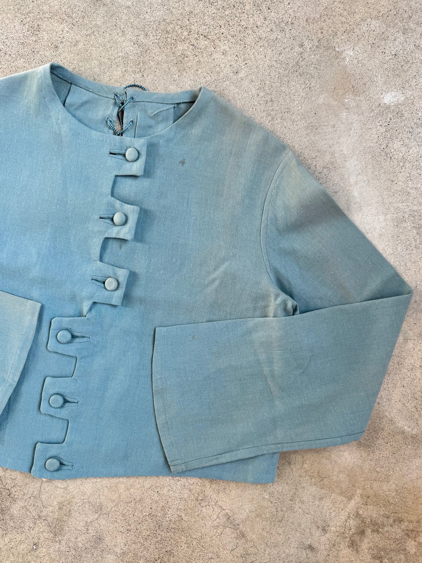 Vintage 1930s Handmade Blue Wool-Blend Zig-Zag Button Long Sleeve Top | S/M