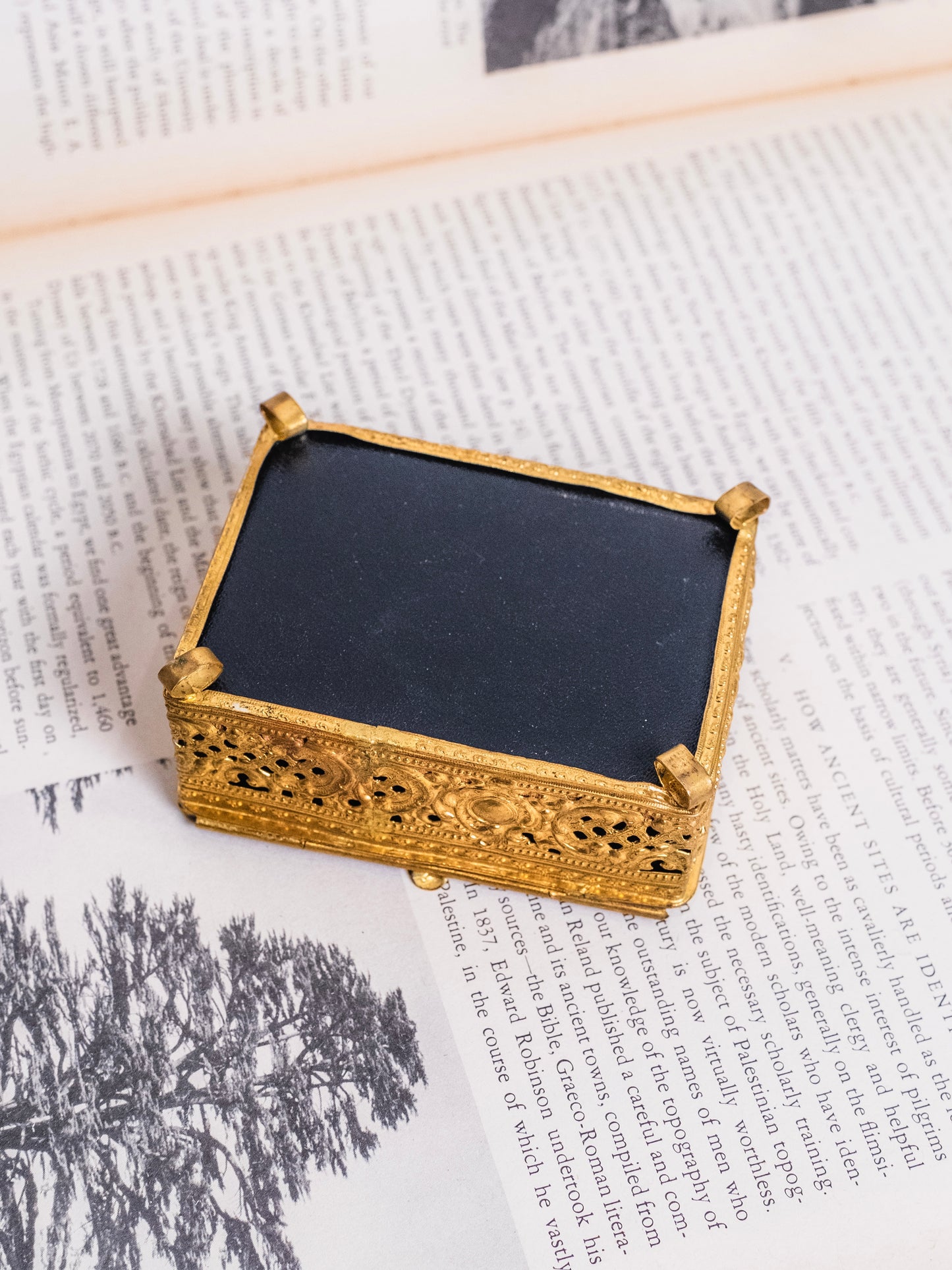 Vintage 1960s Gold Filigree & Glass “Luhačovice” Trinket Box