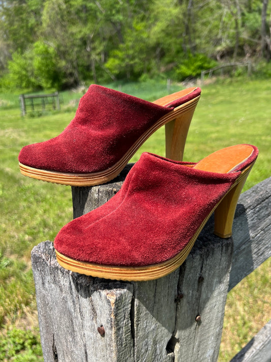 Vintage 1960s Nina Burgundy Suede Leather Wooden Heel Mules | Women’s 6.5