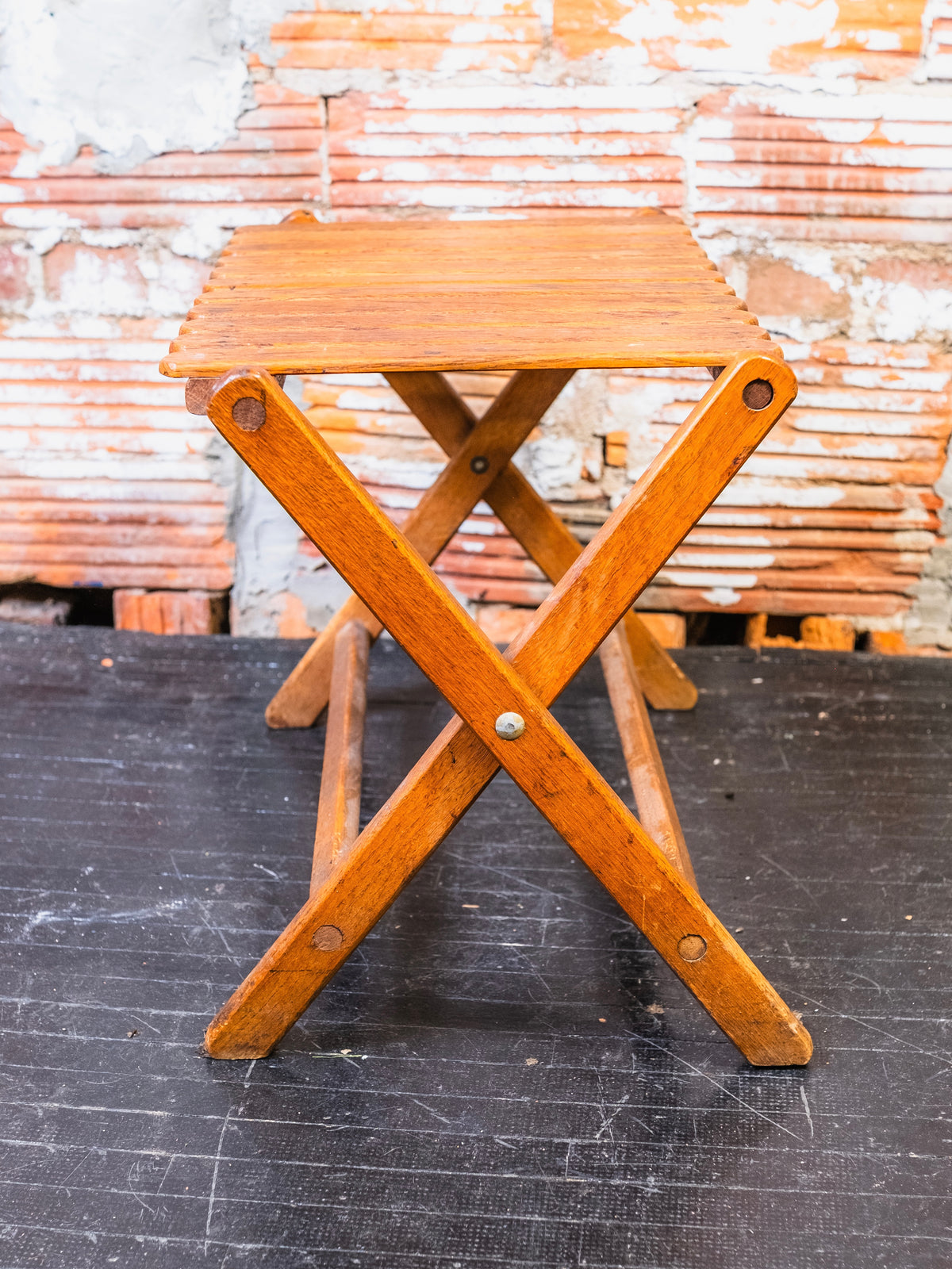 Vintage 1940s Take-Along Travel Chair Co. Slatted Wood Folding Bench Stool
