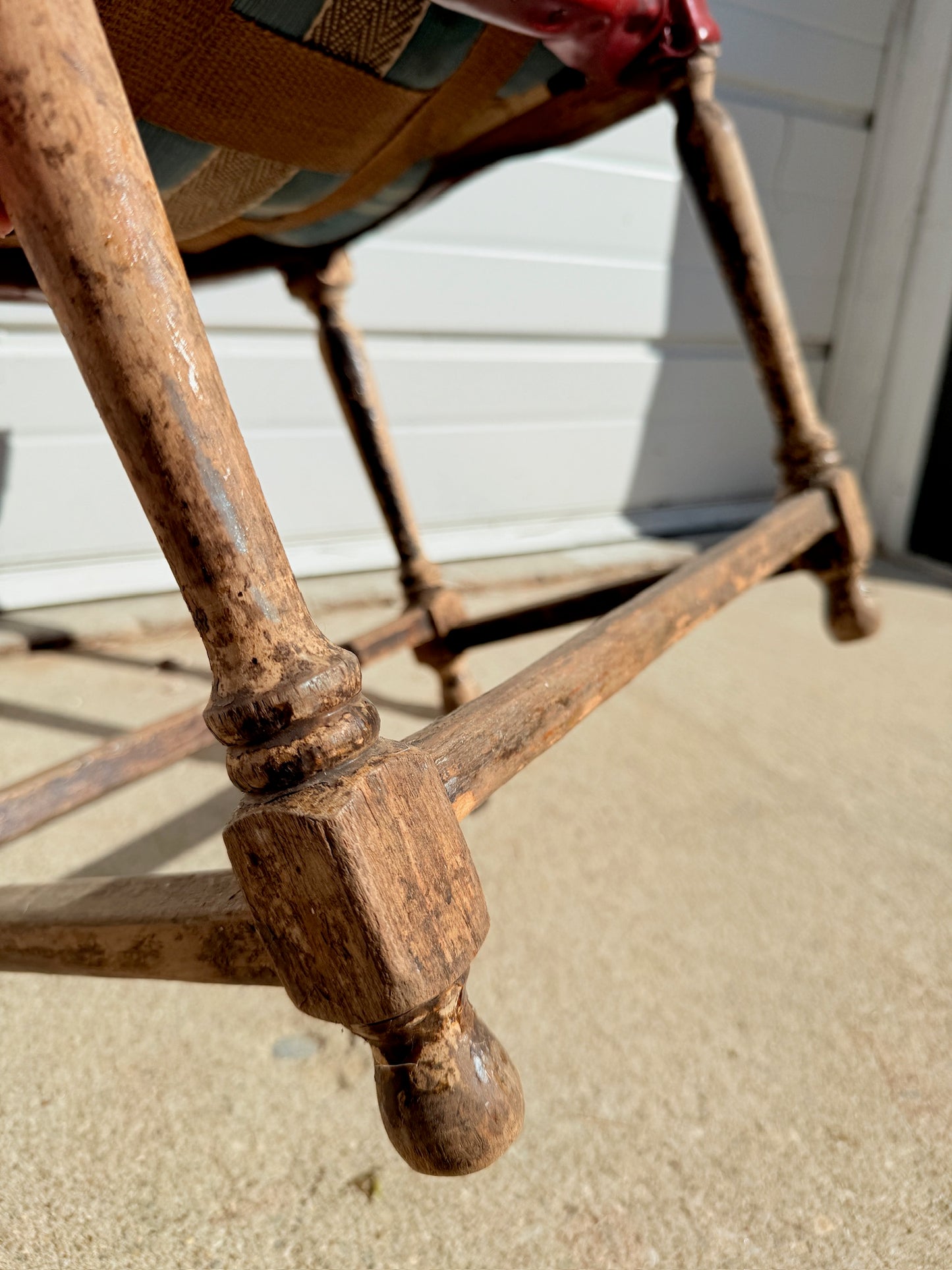 Antique French-Style Rustic Turned Leg Upholstered Footstool