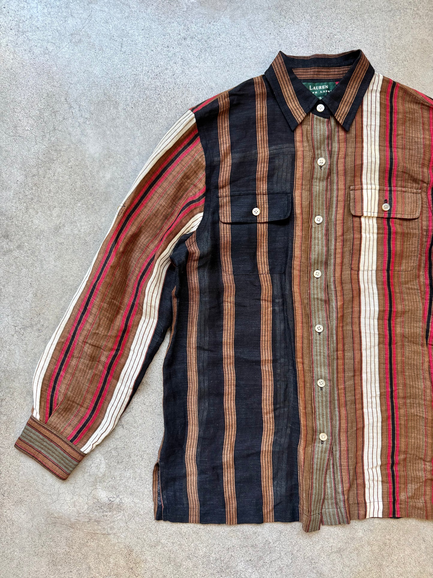 Vintage 1990s Lauren Ralph Lauren Striped Silk & Linen Buttoned Shirt | Small