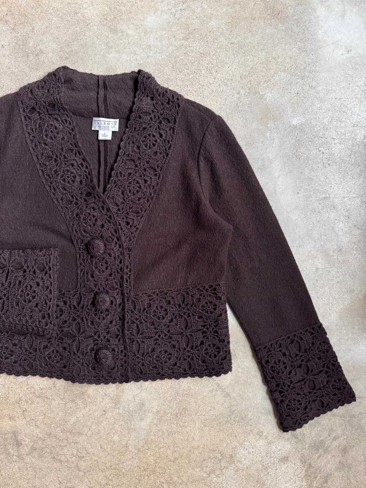2000s Talbots Collection Brown Wool Crochet Trim Cardigan | Large