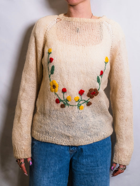 Vintage 1970s Hand-Knit Floral Embroidered Mohair-Blend Sweater | Large