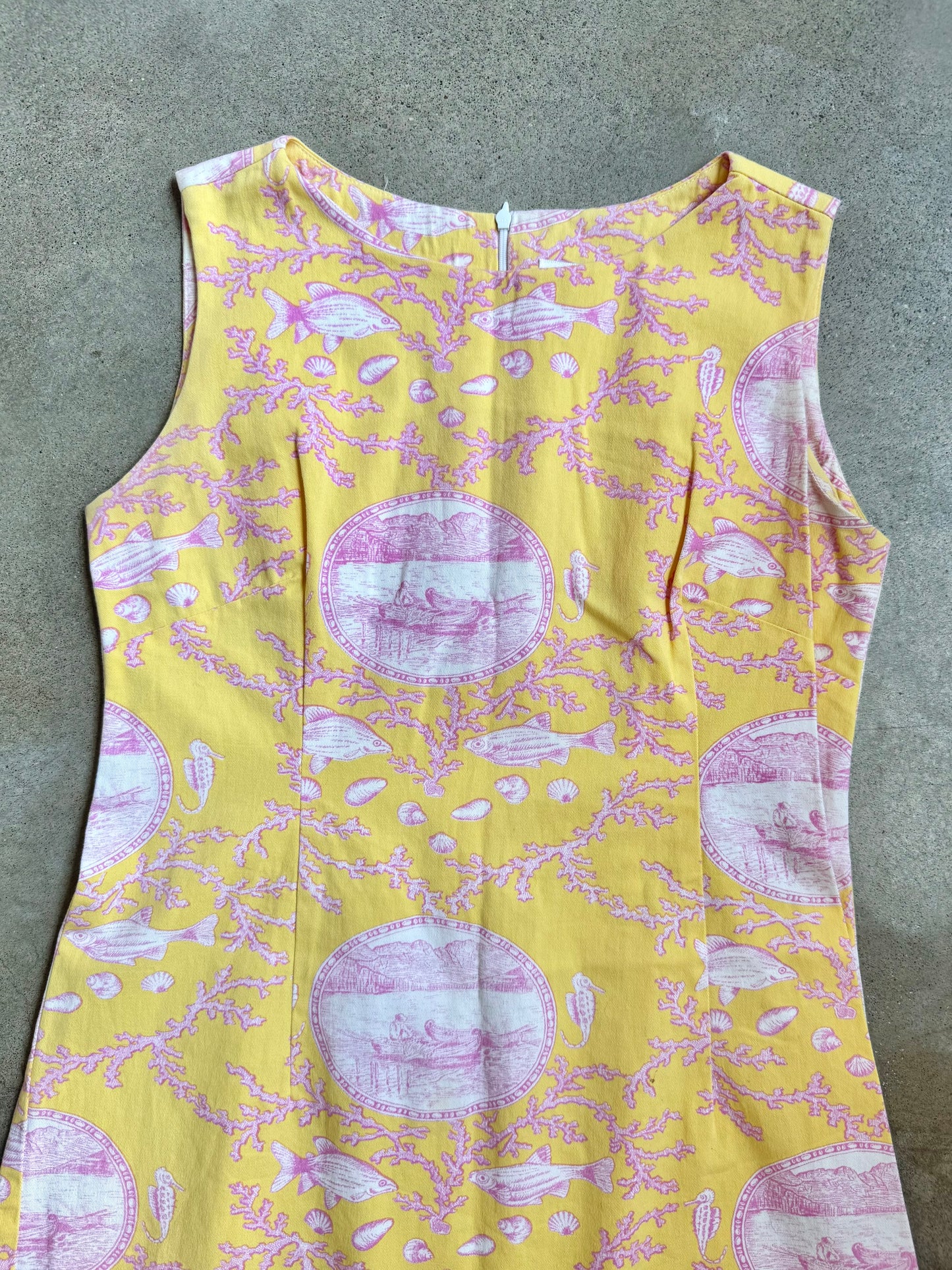 2000s Leggiadro Yellow & Pink Ocean Toile Print Shift Dress | Medium