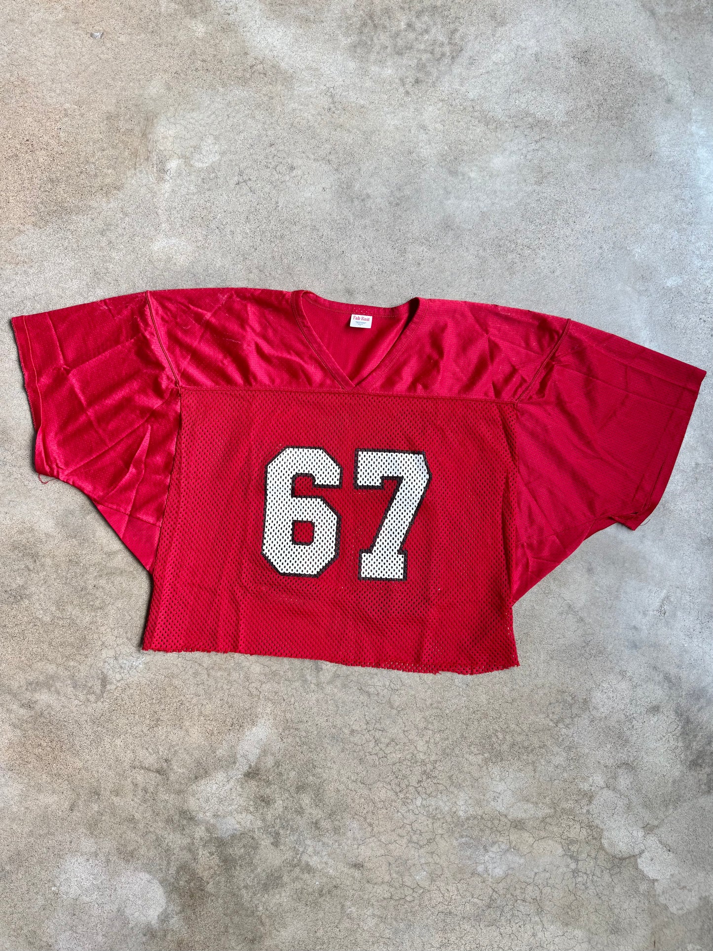 Vintage 1980s Fab-Knit Red Mesh #67 Cropped Football Jersey | Large