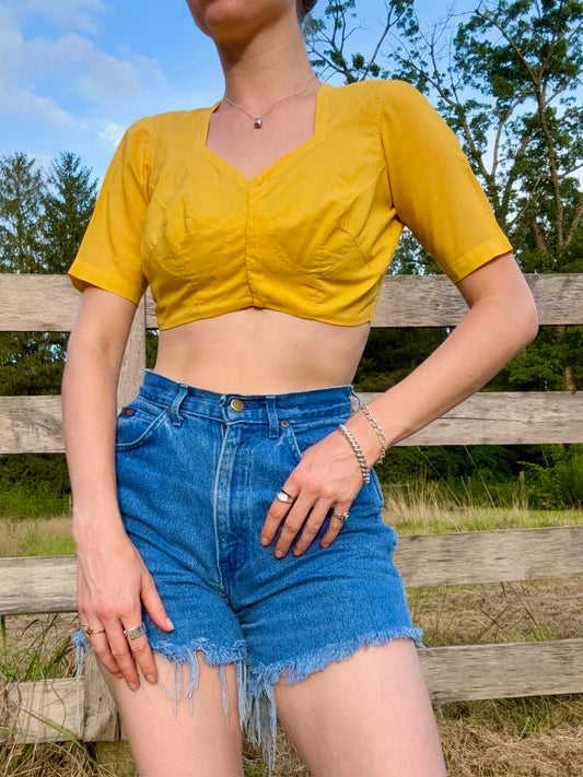 Vintage 1950s Handmade Yellow Sheer Darted Cropped Blouse | Medium