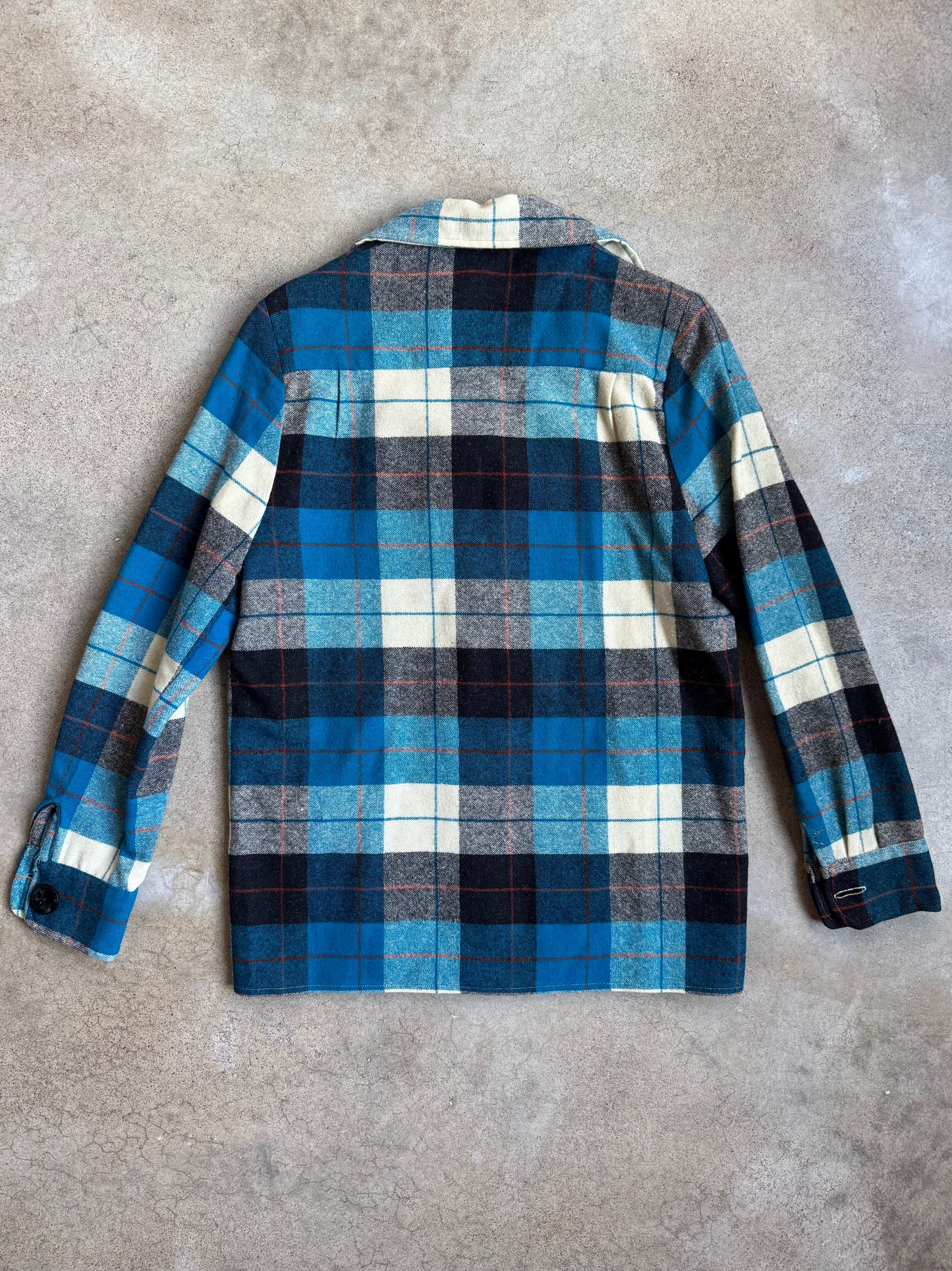 Vintage 1940s Blue & White Plaid Wool Button-Up Shirt Jacket | Small