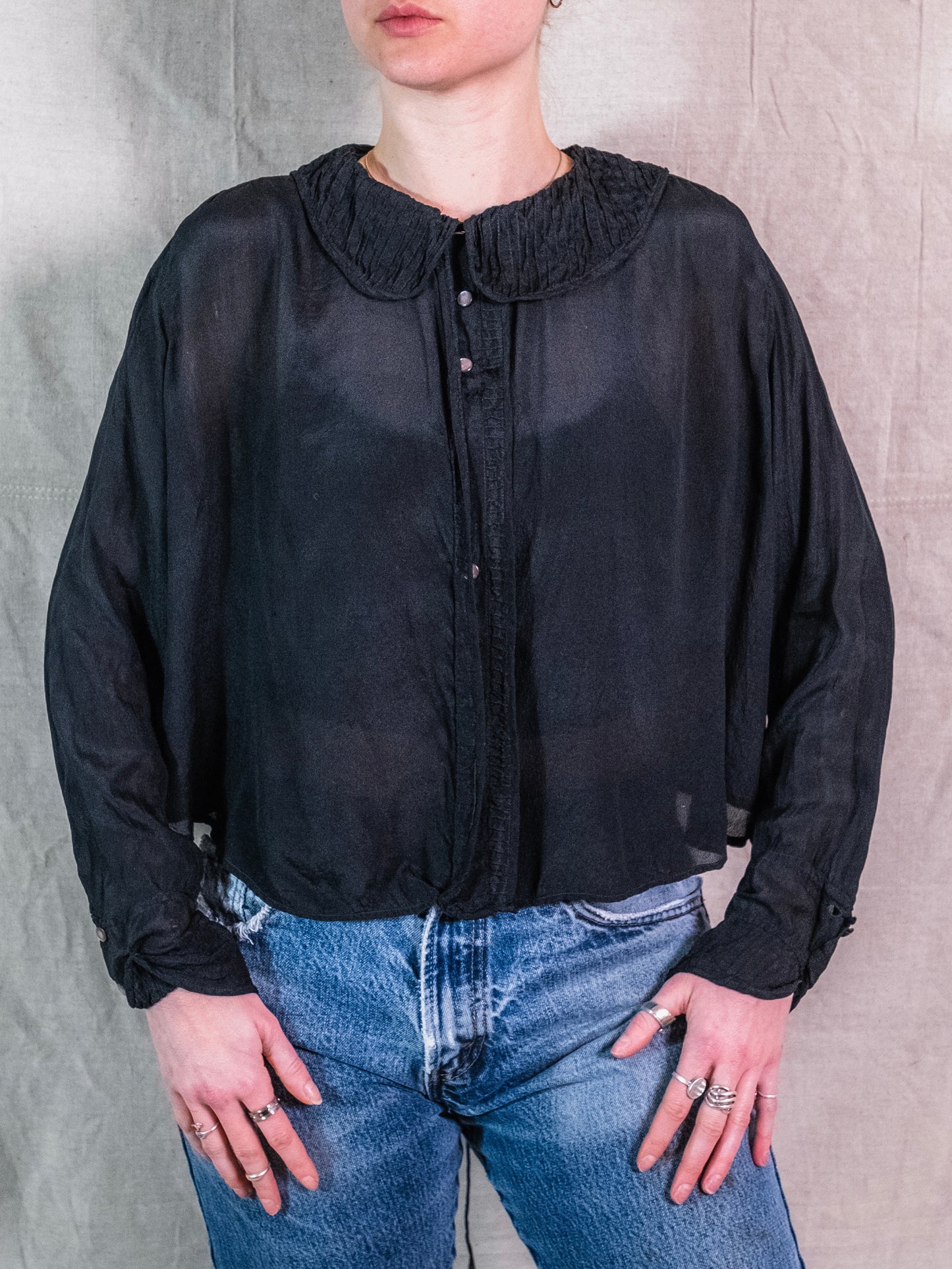 Antique 1910-20s 100% Silk Black Sheer Blouse | Large