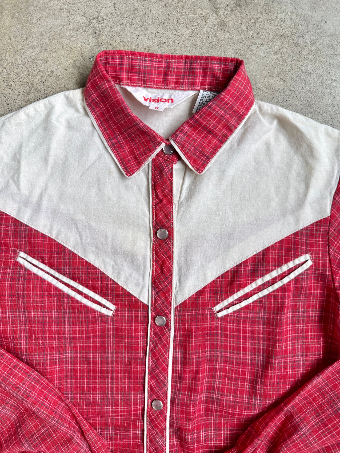 Vintage 1970s Vision Cream & Red Plaid Western Pearl Snap Shirt | Small