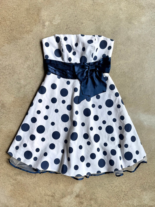 2000s B. Darlin White & Blue Polka Dot Strapless Dress | S/M