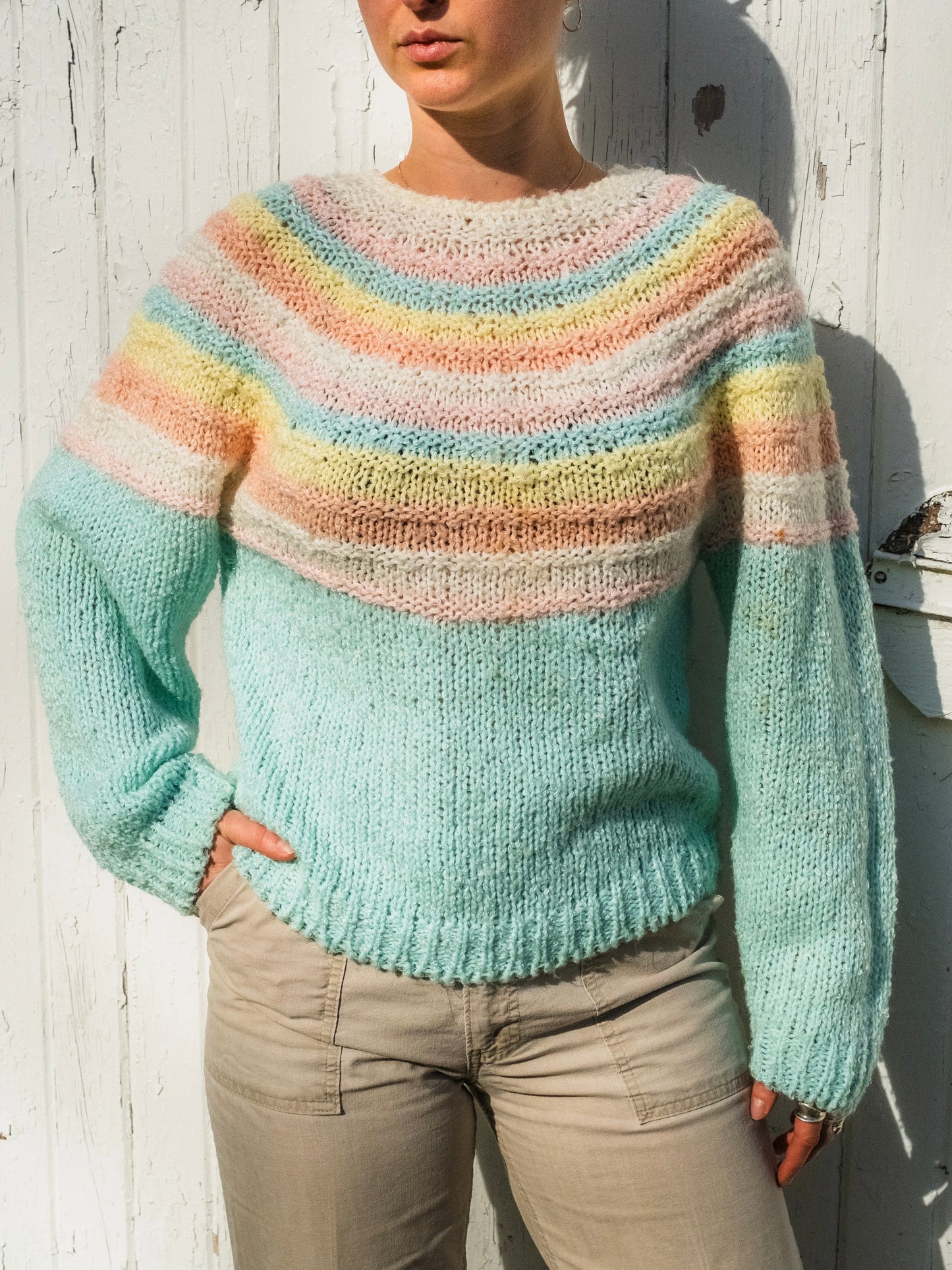 Vintage 1980s Helium Hand-Knit Pastel Stripe Sweater | Small