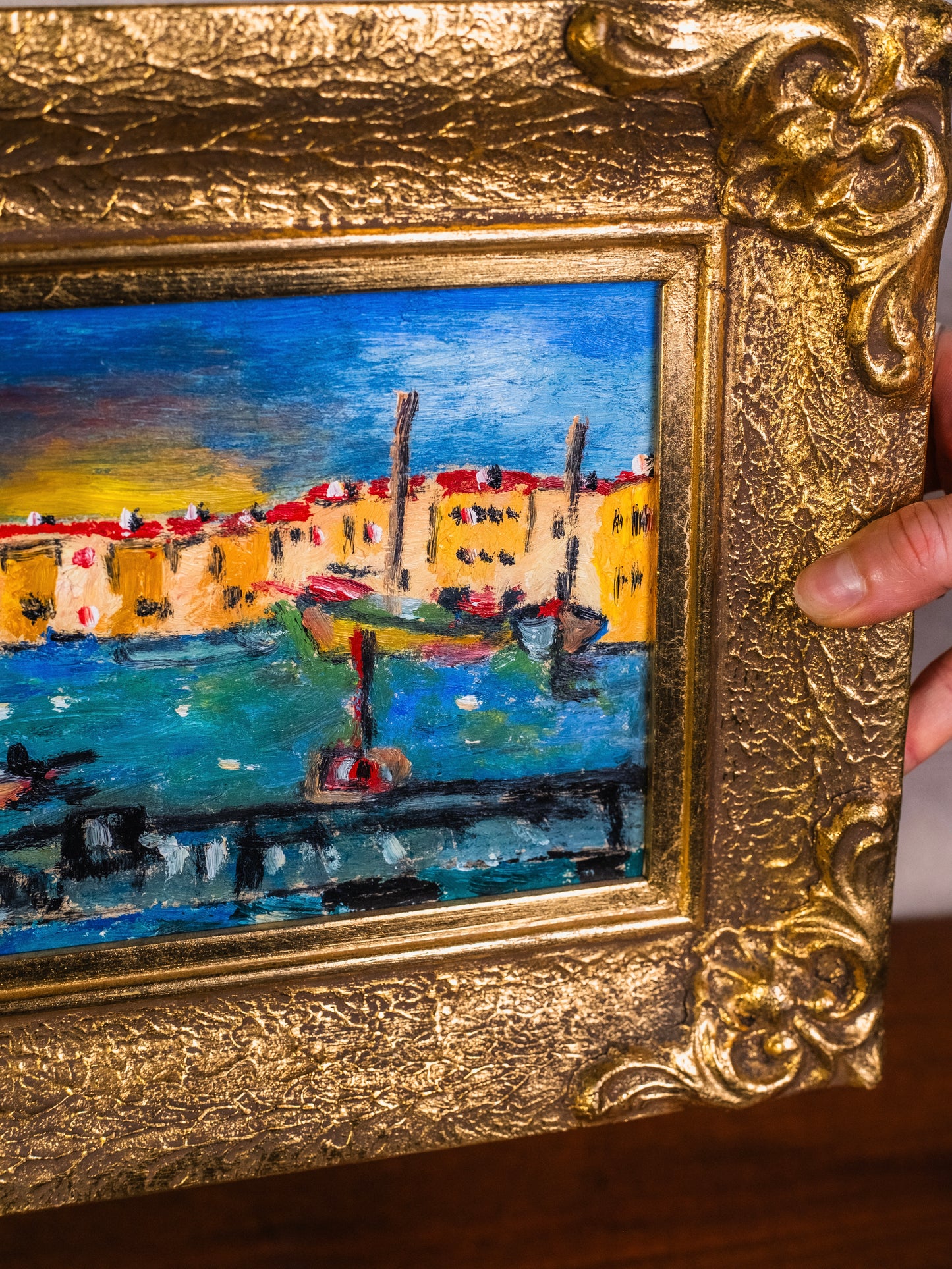 Vintage Gold-Framed Mediterranean Boat Harbor Oil Painting