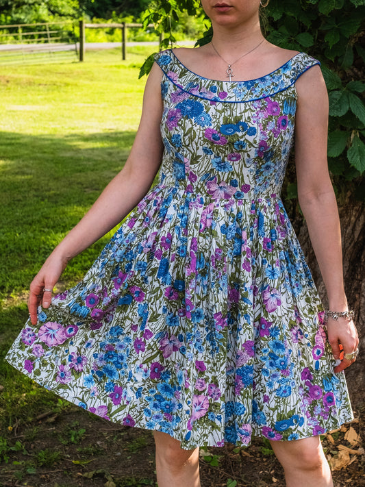 Vintage 1950s Jerry Gilden New York Blue & Purple Floral Pleated Summer Dress | XS