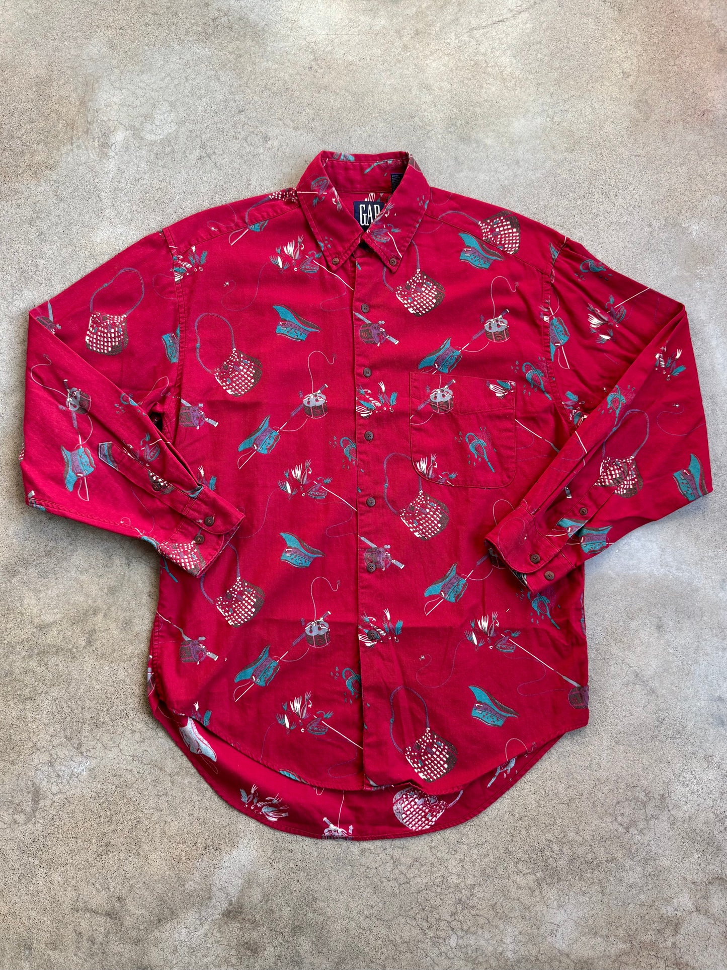 Vintage 1990s GAP Red Fishing Print Cotton Button-Down Shirt | Medium