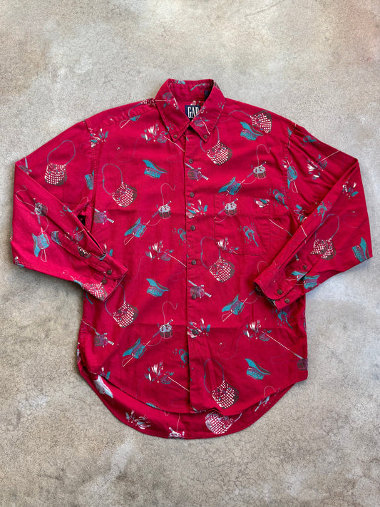Vintage 1990s GAP Red Fishing Print Cotton Button-Down Shirt | Medium