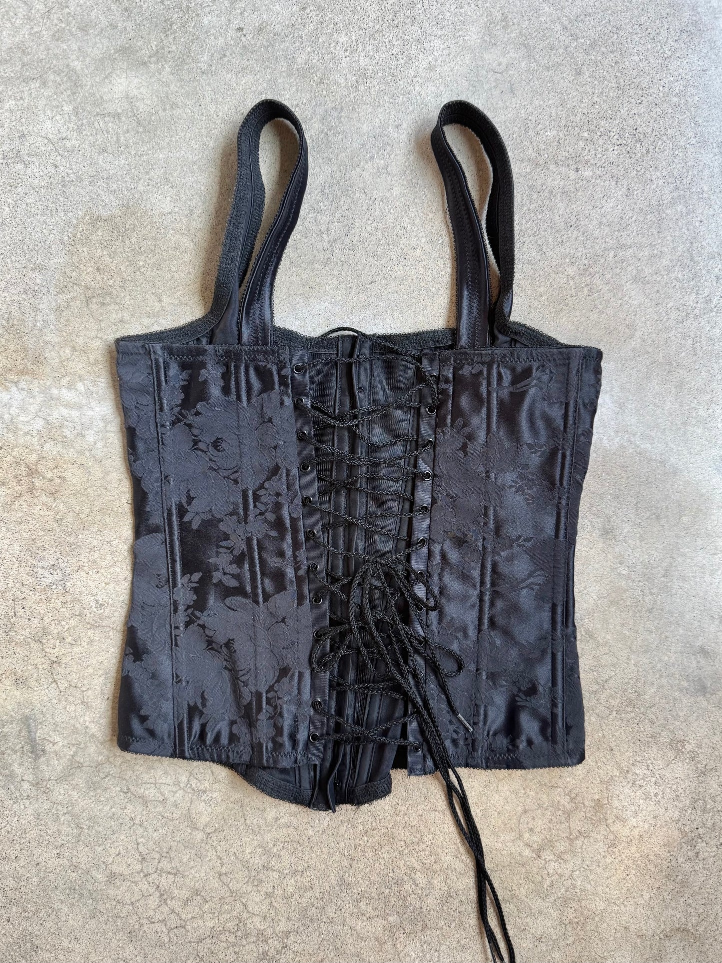 Vintage 1970s Black Satin Floral Jacquard Corset Top | 34