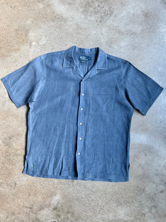 Vintage 1990s Polo Ralph Lauren Blue Linen & Silk Short Sleeve Shirt | Large