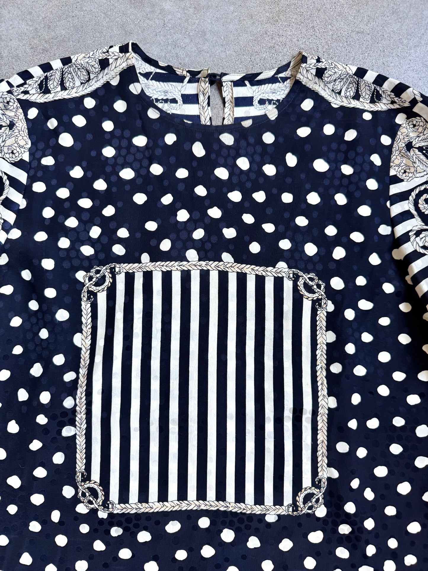 Vintage 1980s Polka Dot Rope Print 100% Silk Blouse | S/M