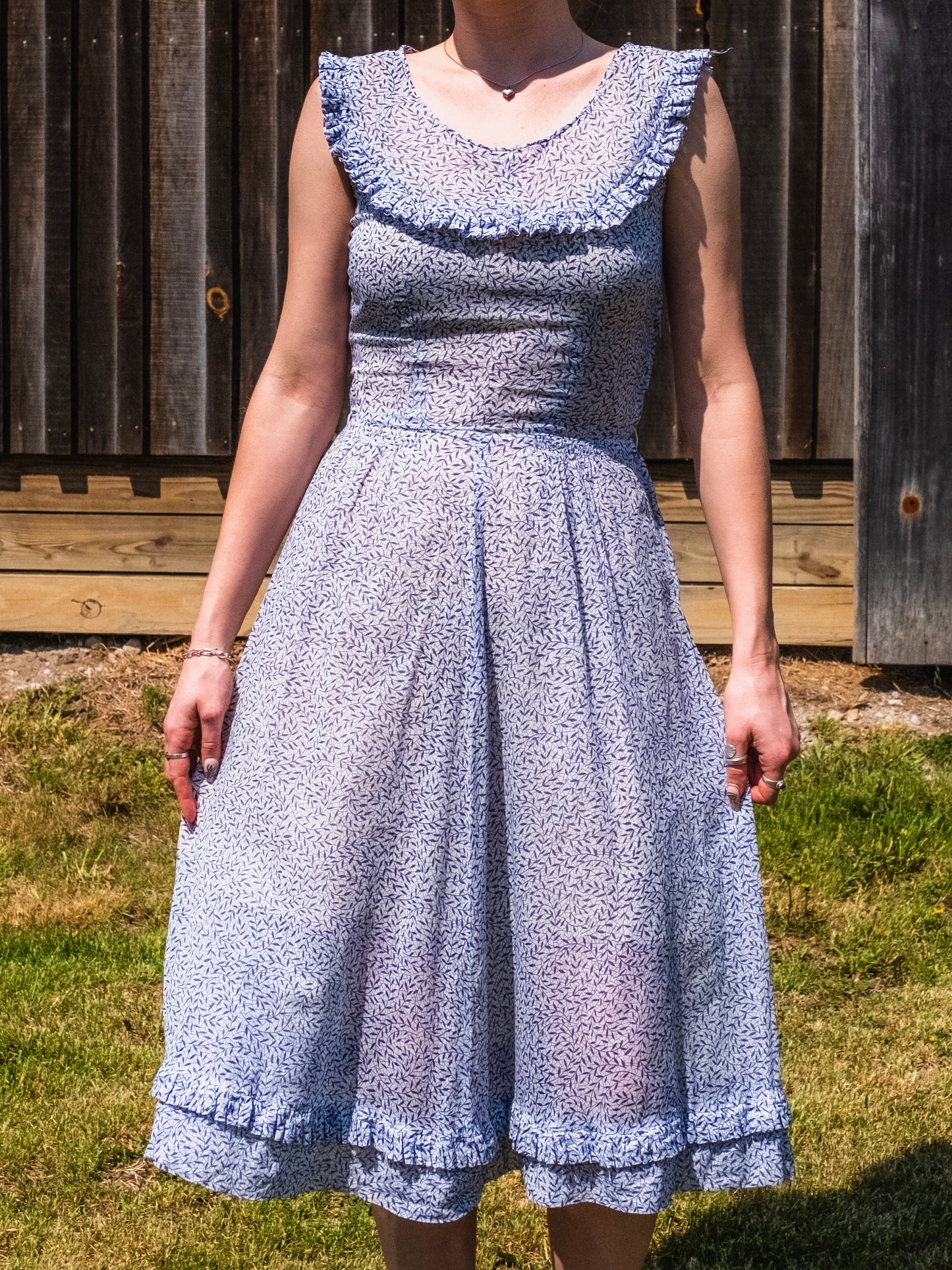 Vintage 1940s White & Blue Leaf Pattern Sheer Ruffle Trim Dress | Small