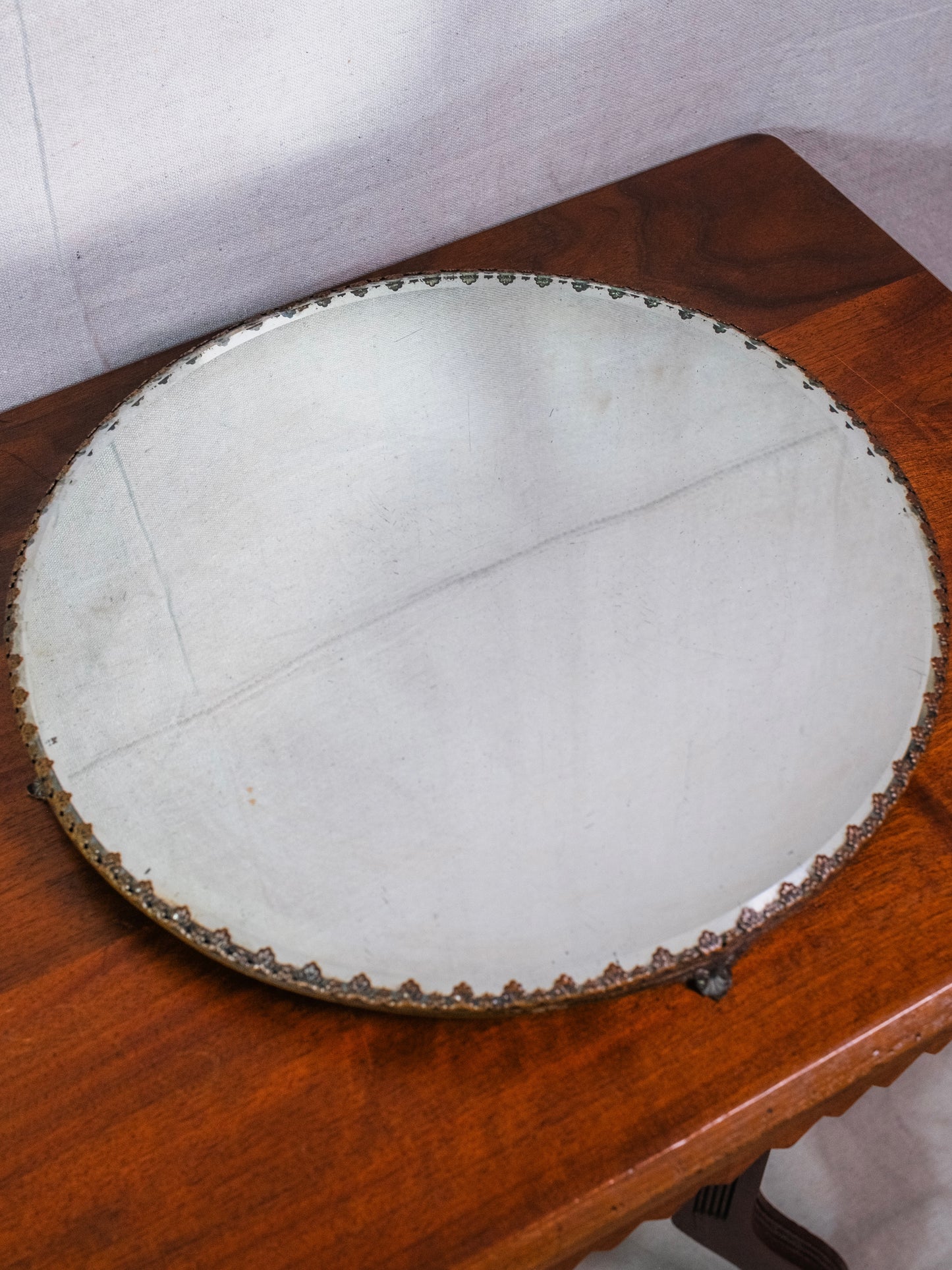 Antique Round Metal Trim Mirrored Vanity Tray