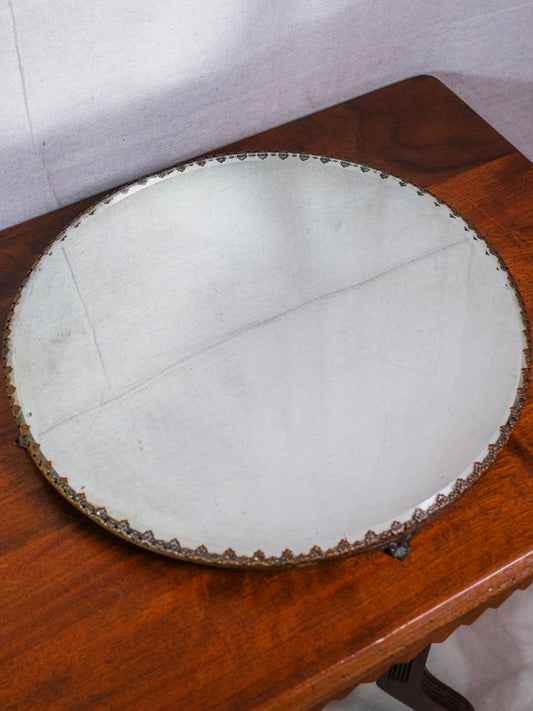 Antique Round Metal Trim Mirrored Vanity Tray