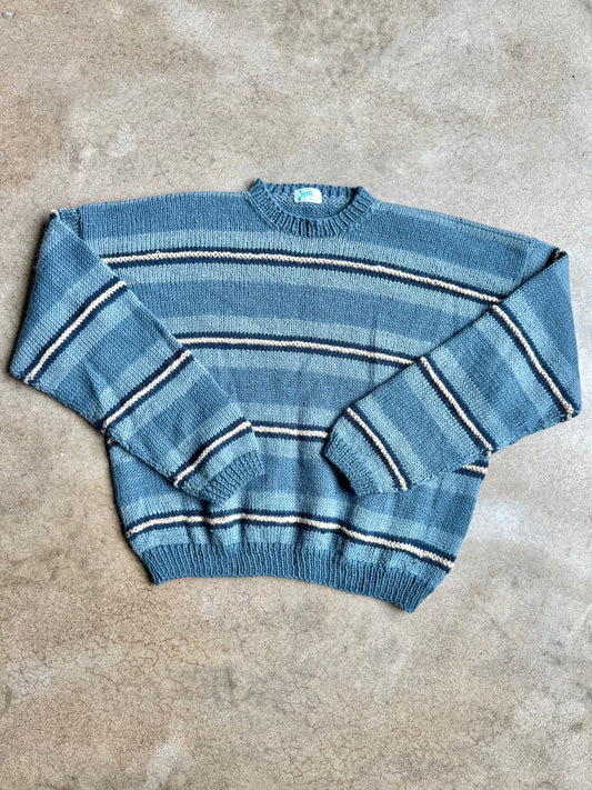 Vintage Handmade Blue Striped Wool Knit Crewneck Sweater | XL