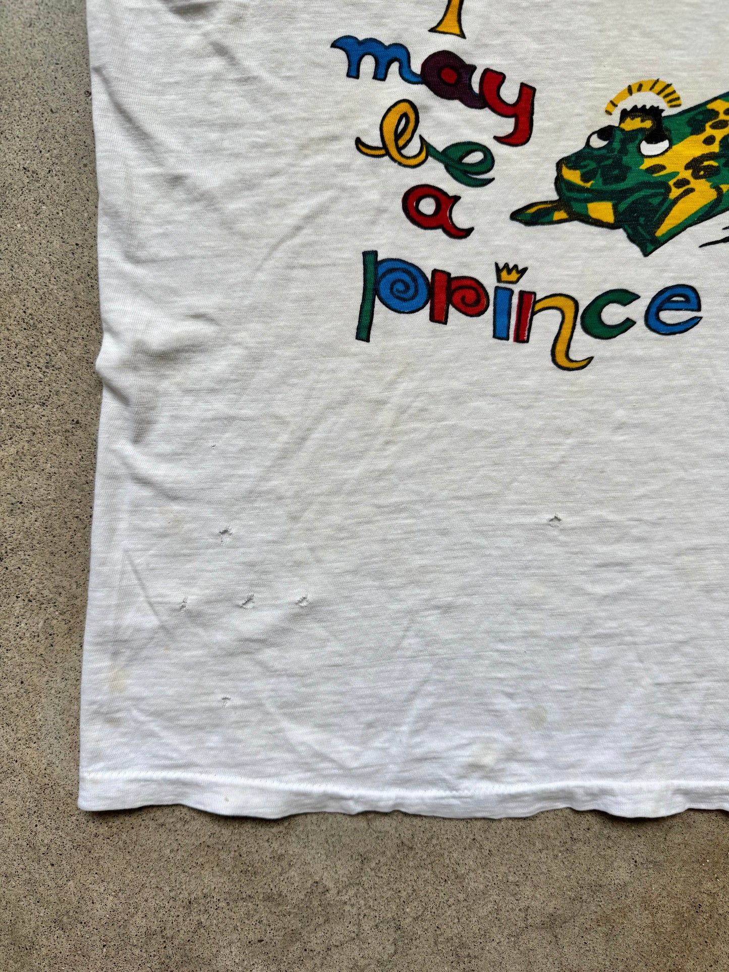Vintage 1970s Distressed “Kiss Me I May Be A Prince” Graphic Ringer Tee | Medium