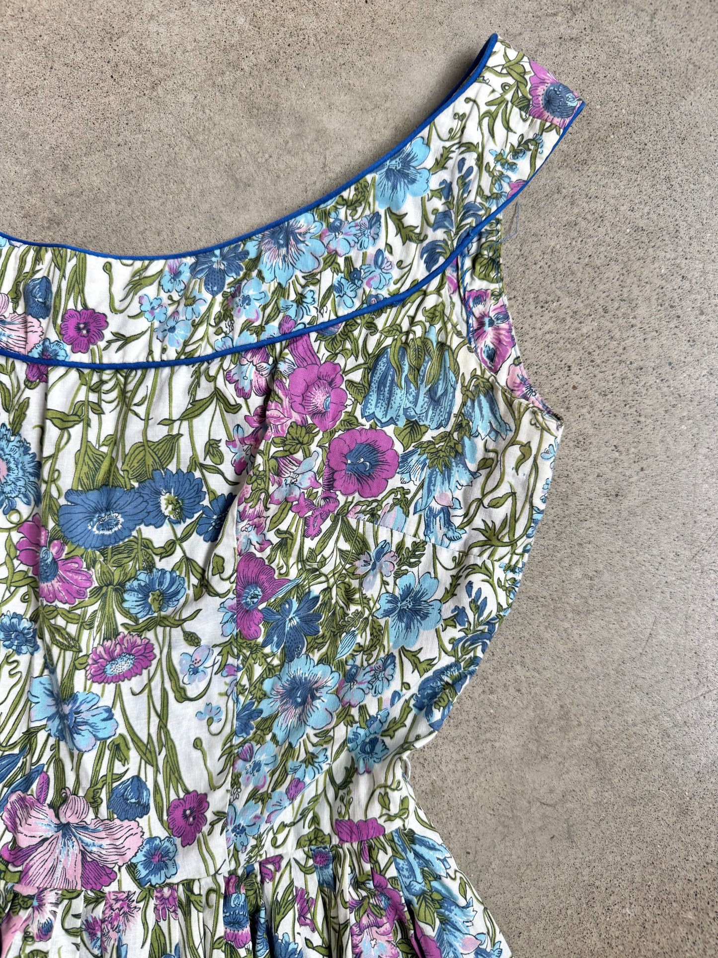 Vintage 1950s Jerry Gilden New York Blue & Purple Floral Pleated Summer Dress | XS