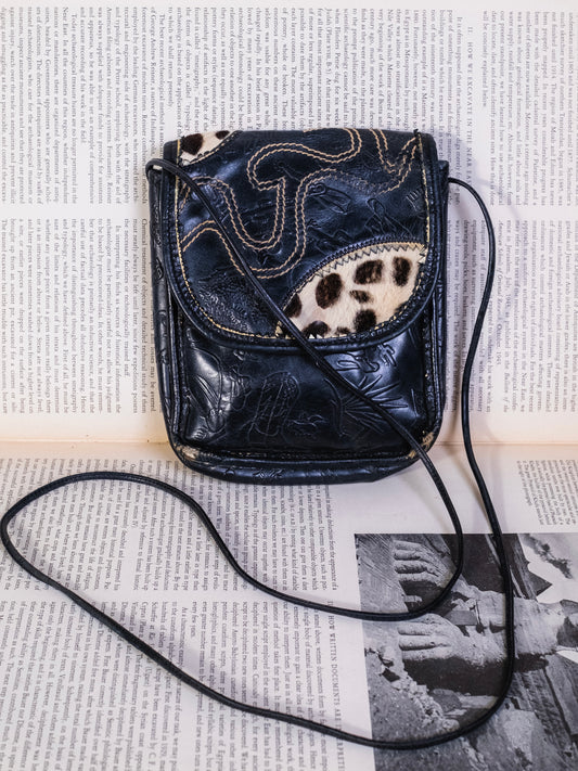 Vintage 1990s Carlos Falchi Embossed Leather Patchwork Mini Crossbody Bag