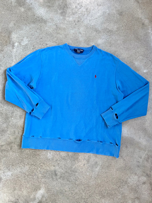 Vintage 1990s Polo Ralph Lauren Blue Distressed Crewneck Sweatshirt | Large