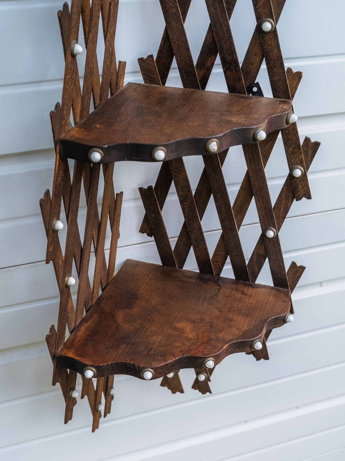 Antique Victorian Tramp Art Lattice 3-Tier Corner Shelf