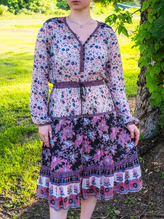 Vintage 1970s Darling Indian Floral Print Long Sleeve Gauze Dress | M/L