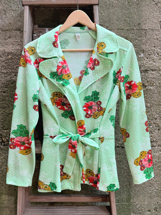 Vintage 1970s Green Floral Tie Waist Polyester Blouse / Jacket